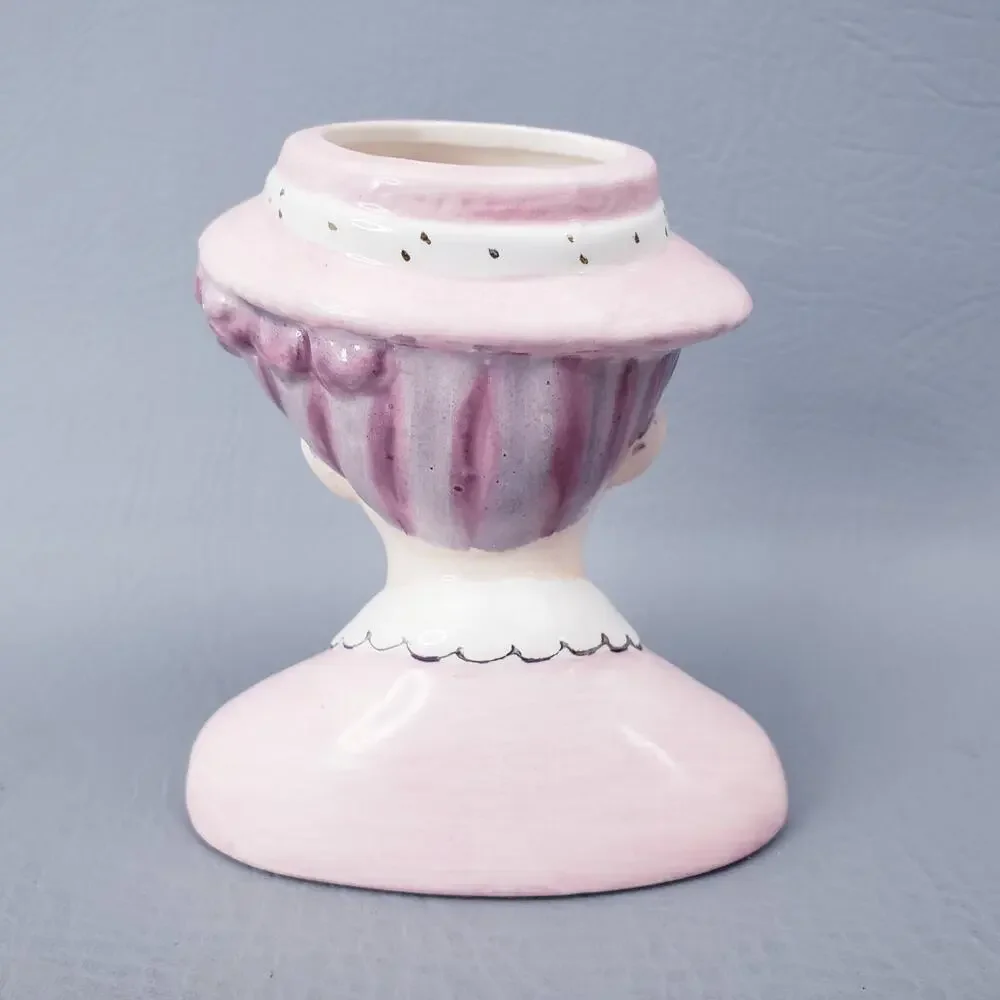 Vintage 1950's Lady Head Vase Pink Dress White Collar Pink Hat